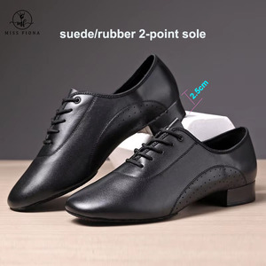 Chaussures de <span class=keywords><strong>danse</strong></span> latine pour hommes en cuir de vache véritable noir, semelle en daim pour intérieur et semelle en caoutchouc pour extérieur en option, pour la salsa, le tango, la valse, les compétitions - Product Image 1