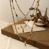 Collier long bohème unisexe avec pendentif œil de tigre, agate Crazy Lace, coquillage et dent de tigre, 76+5cm, en acier inoxydable plaqué or, vente en gros