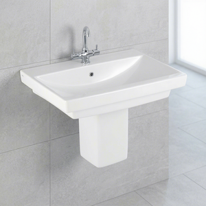 Vistaar Lavabo en céramique blanche à demi-pied, de forme carrée, design export pour centres commerciaux et villas - Product Image 6
