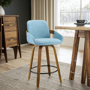 <span class=keywords><strong>Chaise</strong></span> <span class=keywords><strong>de</strong></span> <span class=keywords><strong>bar</strong></span> moderne <span class=keywords><strong>en</strong></span> noyer pivotante à 360° <span class=keywords><strong>avec</strong></span> dossier et accoudoirs <span class=keywords><strong>en</strong></span> <span class=keywords><strong>tissu</strong></span> pour cuisine, salle à manger, extérieur, centres commerciaux - Couleur bleue - Product Image 3