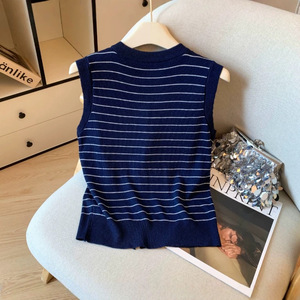 Chaleco sin mangas de punto a rayas azul marino y gris con cuello tipo chal para mujer, ropa de otoño - Product Image 2