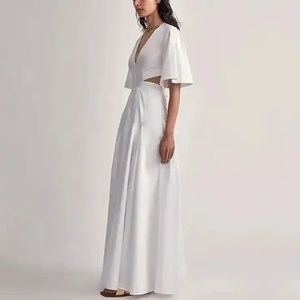 Fabricants 2023 Vêtements d'été unis pour femmes Col V Afficher la taille dans le dos Pure Short Sleeve Maxi Pleated Elegant Gentle Women Dress - Product Image 3