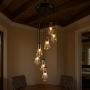 7 <b>Light</b> Adjustable <b>Black</b> Iron Pendant <b>Chandelier</b> With Glass Bell Shades For Dining Room Living Room Bedroom E26 LED D0100XU4T3U - Product Image 2