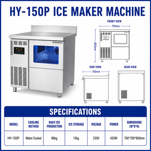 Machine à glaçons commerciale BIBO HY-150P refroidie à l'eau, 68 kg/24h, en acier inoxydable, sous comptoir, avec stockage de 15 kg - Product Image 2