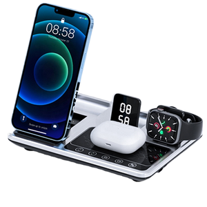 แท่นชาร์จไร้สายคุณภาพสูง ชาร์จเร็ว 15W พับได้ 6 in 1 สำหรับ <span class=keywords><strong>iPhone</strong></span> สำหรับนาฬิกา สำหรับหูฟัง พร้อมนาฬิกาปลุก ของขวัญ - Product Image 1