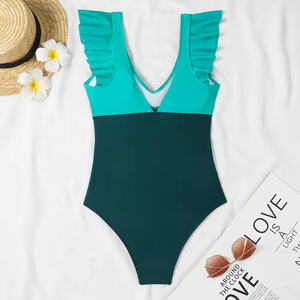 Traje de baño de una pieza con volantes en los hombros y diseño cruzado en la parte delantera para mujer, talla grande, 7 colores - Product Image 5