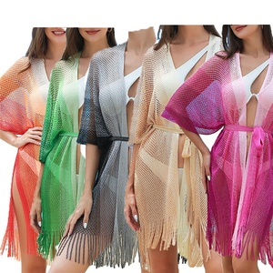 2024 femmes dégradé Bikini plage couvrir robe mode franges fendu tricoté crochet évidé vacances vêtements de plage avec <span class=keywords><strong>ceinture</strong></span> - Product Image 1