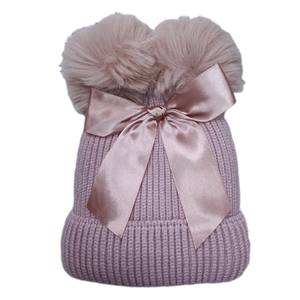 Gorros de punto de doble capa para niños y niñas, gorrito cálido de punto con lazo, para invierno - Product Image 1