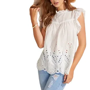 KY white Ruffle Frill Neck Schiffy Eyelet embroidery Scallop Top fashion women's blouse tops