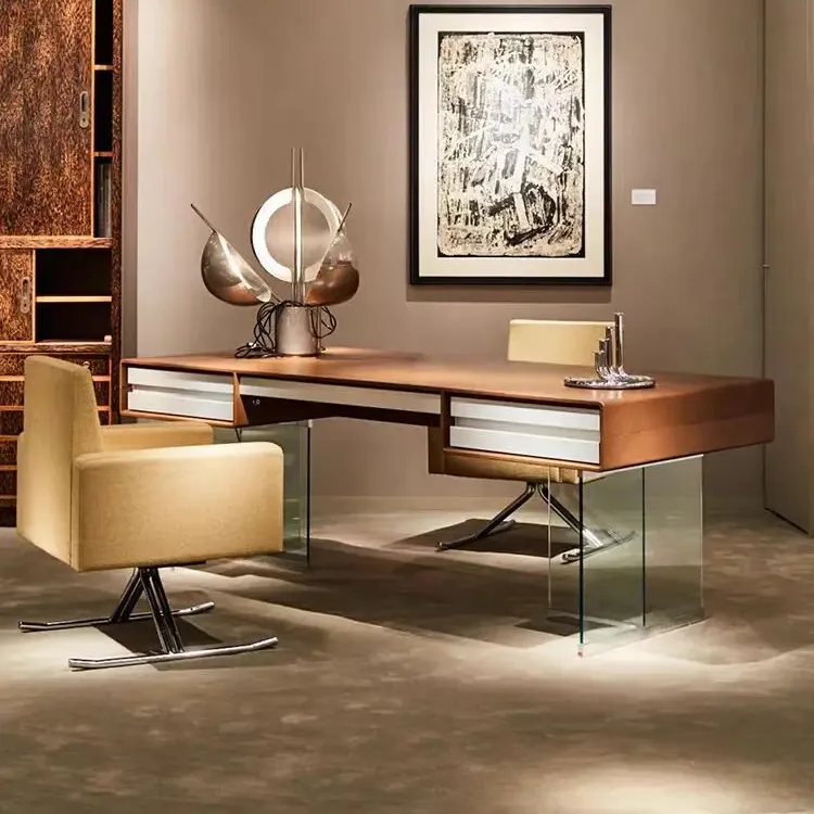 Vintage designer Italian hard cover leather countertop Boss Computer desk Luxury home office desk