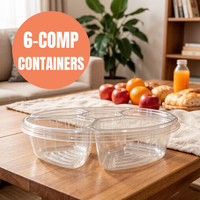 Boîtes alimentaires jetables rondes à 6 compartiments en PET, fabriquées sur mesure en usine, idéales pour bonbons, fruits secs, salades, et plateaux traiteur de qualité alimentaire