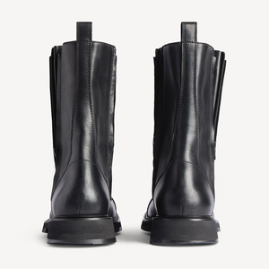 <span class=keywords><strong>Bottines</strong></span> sculpturales à bout rond pour femmes, talon bloc bas, double fermeture éclair latérale, mi-mollet, en microfibre, style motard, vente en gros OEM ODM - Product Image 5