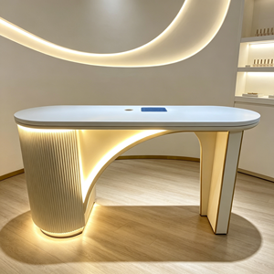 Table de manucure blanche de luxe avec éclairage LED, lampe de bureau dorée, 3 tiroirs de rangement, panneau cannelé, table de salon de manucure moderne - Product Image 4