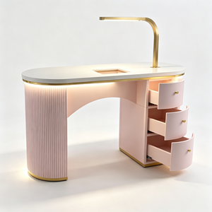 Table à ongles rose cannelée avec lampe LED, 3 tiroirs de rangement, bureau de manucure, poste de travail de luxe pour salon de beauté et spa - Product Image 4