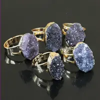 Nature Amethyst Grey Quartz Druzy Ring Gold Plated Geode Crystal Quartz Drusy Gemstone Finger Rings