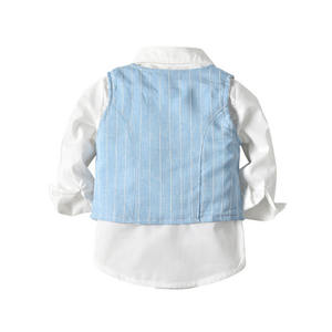 Conjunto de Ropa para Niños, Primavera y Otoño, Traje de Tres Piezas para Niños, Estilo Caballero, Azul a Rayas + Corbata de Moño, Conjuntos de Ropa para Bebés - Product Image 2