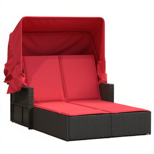 Lettino Doppio da Sole in Rattan PE Marrone con Cuscini in Tessuto, Arredo Elegante per Esterni - Product Image 1