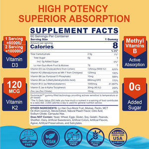 OEM vitamina D3 K2 riempite di gummie con vitamina <span class=keywords><strong>B</strong></span> complesso metil B12, B9, B6 vitamina E E zinco MCT olio supporta la forza dei denti ossei - Product Image 2