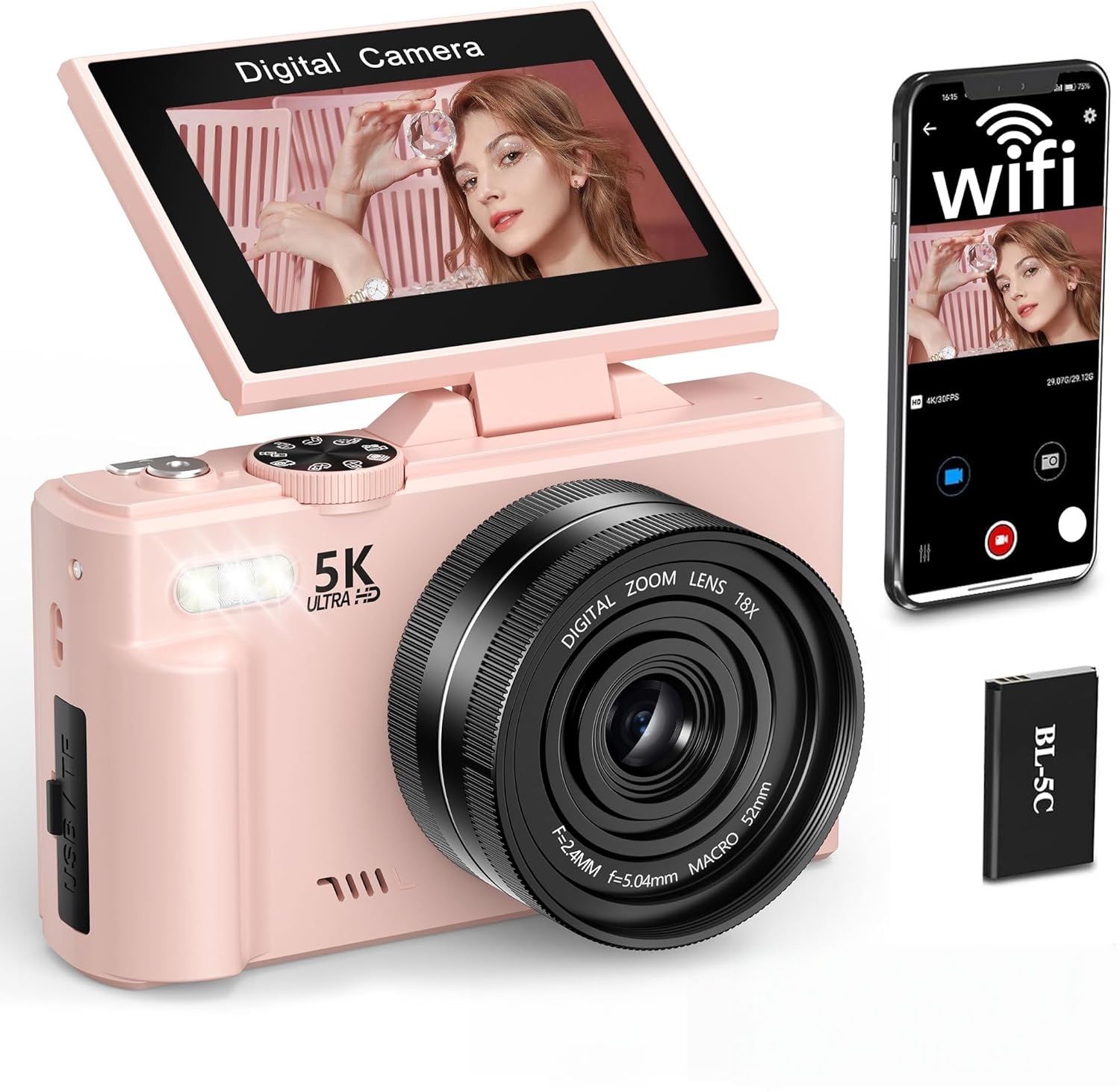 Розовый 180 ° флип-экран Дорожная Камера 75MP 5K цифровая камера Wifi Autofoucs Vlogging камера для YouTube фотосъемки