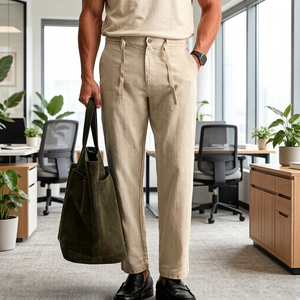 <span class=keywords><strong>Pantaloni</strong></span> Eleganti Casual da Uomo <span class=keywords><strong>Slim</strong></span>-<span class=keywords><strong>Fit</strong></span> Personalizzati OEM, in <span class=keywords><strong>Lino</strong></span> Vintage a Vita Alta con Coulisse, Gamba Dritta, per Completo Formale - Product Image 2