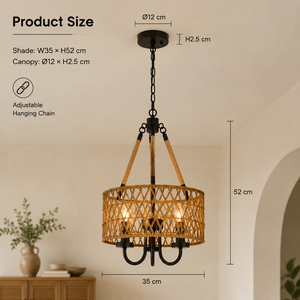 Boho Woven Rattan Pendant <b>Light</b> With Iron Hemp <b>Rope</b> Shade Adjustable Height For Dining Room Restaurant Home Decor - Product Image 3