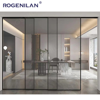 ROGENILAN Porte coulissante intérieure ultra-étroite en aluminium à 4 panneaux, cloison de bureau ou de salon, portes coulissantes en verre noir à verrouillage interverrouillable