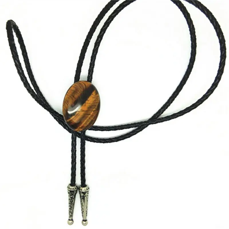 Royal jewelry retro silver leatherette fabric oval shape natural stone tiger eye bolo tie for men
