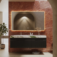 Mueble de Baño Flotante Minimalista de Madera Maciza Natural con Lavabo de Cerámica Integrado y Espejo LED Inteligente