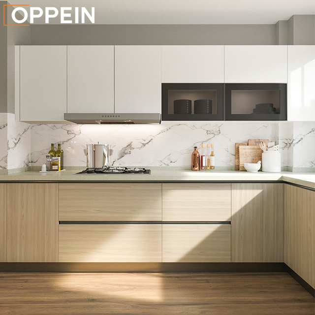 OPPEIN Modern Kitchen Cabinet New Style Wholesale Sample with Sink Faucet Hinge Drawer Basket Accessories for