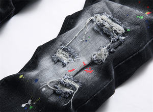 Molatura bianca, stampa e tintura, Slim Fit, piedi elastici neri <span class=keywords><strong>Jeans</strong></span> da <span class=keywords><strong>uomo</strong></span> - Product Image 4