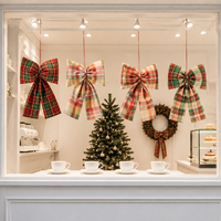 Noeuds de Noël en tissu écossais rouge et vert scintillant de haute qualité, style américain, fabriqués à la machine, décorations pour arbre de Noël