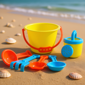 Ensemble de jeu de bac à sable pour enfants avec seau, arrosoir, râteau, pelle, entonnoir et tamis, et sac en filet - Product Image 3
