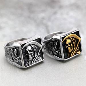 European American Retro Stainless Steel Punk <b>Ring</b> Grim Reaper Skull Hip Hop Halloween Jewelry 07305 - Product Image 1
