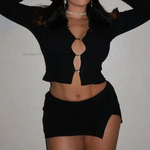 Fall/Winter Women's Faux Fur Collar Lace-Up Button-Up Long-Sleeve Top With <b>Split</b> <b>Skirt</b> Casual 2-Piece Set Fashion - Product Image 4