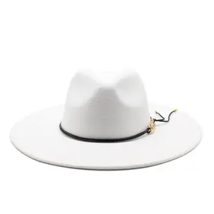 Neue Mode Gürtel Fedoras Für Frauen Frühling Männer Wolle Jazz Hut Breite Krempe weiß Hüte Gentleman Elegant Chapeau Femme