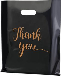 Bolsa de Plástico LDPE Negra Mate con Asa Troquelada, Impresión de Logotipo Personalizada, con Mensaje de Agradecimiento, Reciclable y Termosellable - Product Image 1