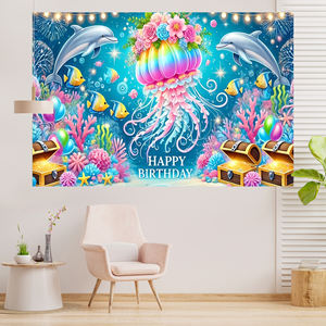 Sous-la mer thème dauphin méduse <span class=keywords><strong>poisson</strong></span> impression décor bannière toile de fond fête joyeux anniversaire décorations toile de fond - Product Image 1