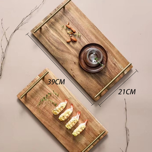 Plateau de service rectangulaire en bois d'acacia avec poignée en métal, design nordique moderne pour <span class=keywords><strong>la</strong></span> maison, <span class=keywords><strong>la</strong></span> cuisine, <span class=keywords><strong>le</strong></span> café, <span class=keywords><strong>le</strong></span> thé, <span class=keywords><strong>la</strong></span> présentation des aliments - Product Image 1