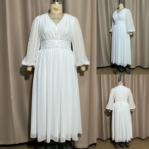 Robe longue élégante J9 pour <span class=keywords><strong>femmes</strong></span> grandes tailles, blanche, col en V, cintrée à la taille, manches longues, en mousseline, ourlet évasé, pour soirées et banquets - Product Image 3
