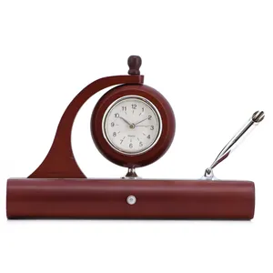 Horloge de bureau moderne en bois cadeau créatif avec porte-stylo