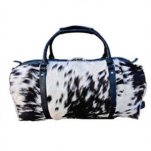 Bolso de Viaje Rústico de Cuero con Pelo de Vaca, Bolso de Fin de Semana de Cuero Genuino con Cierre de Cremallera, Multifuncional y a la Moda LHDB-0177 - Product Image 1