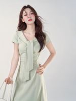 Robe longue élégante pour femme, collection été 2026, col marin, nœud papillon, taille froncée, coupe ajustée, pour soirées décontractées