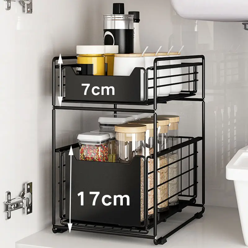 Unter dem Spülbecken regal erhält Boden regal Multifunktion ale Doppels chicht schublade Pull Type Iron Kitchen Organizer Rack