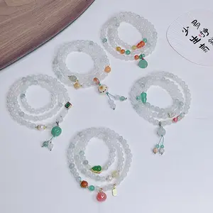 Bijoux chinois naturel Hetian blanc Jade trois cercles pierre Bracelet perlé gourde Lotus Agate pêche pendentif Bracelet