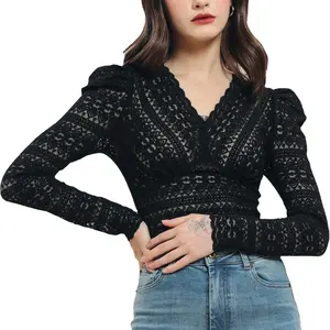 Custom Sweet Style Hollow Lace Long Sleeve T-Shirt Summer Quick Dry Womens V-Neck Lace Crop Top Blouse