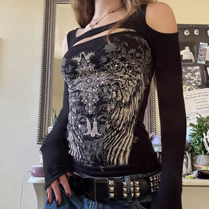 เสื้อยืดแขนยาวพิมพ์ลายเรโทรสำหรับผู้หญิง สไตล์ Y2K สตรีทแฟชั่นลำลอง พิมพ์ลายกราฟิก ทรงเข้ารูป แฟชั่นเสื้อยืดผู้หญิง - Product Image 6