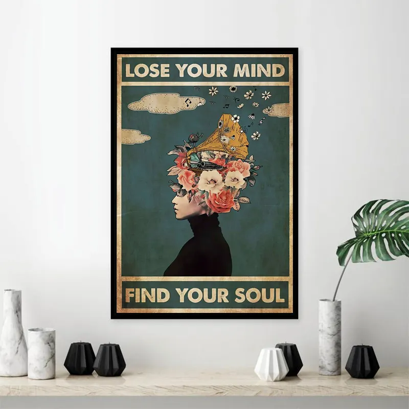 Poster Retro Lose Your Mind Find Your Soul Inspirasional Cetak Seni Kutipan Abstrak Gadis Kanvas Lukisan Vintage Dekorasi Dinding