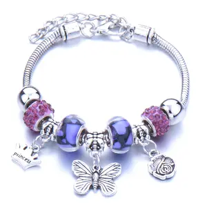 Fashion Cute Butterfly Crown Rose Flower Key Pendant Diy Faceted Beads Bracelet Exquisite Snake Chain Hand Jewellery For Girls
