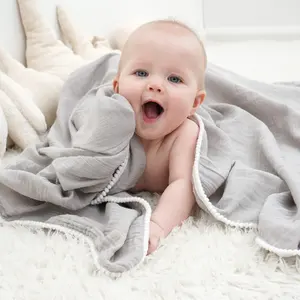 Baby Muslin Blanket Super Soft Touch Solid Color 100% Cotton Crinkle Muslin Fabric Swaddle Wrap Pom Pom Baby Muslin Blanket