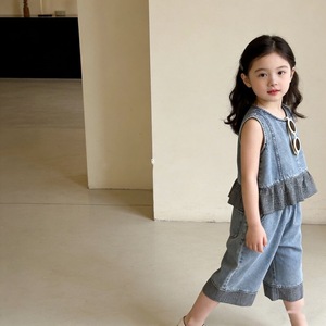 Ensemble <span class=keywords><strong>deux</strong></span> pièces en jean pour filles, débardeur sans manches léger et pantalon pour bébés filles, tout-petits, tenue décontractée d'été - Product Image 2